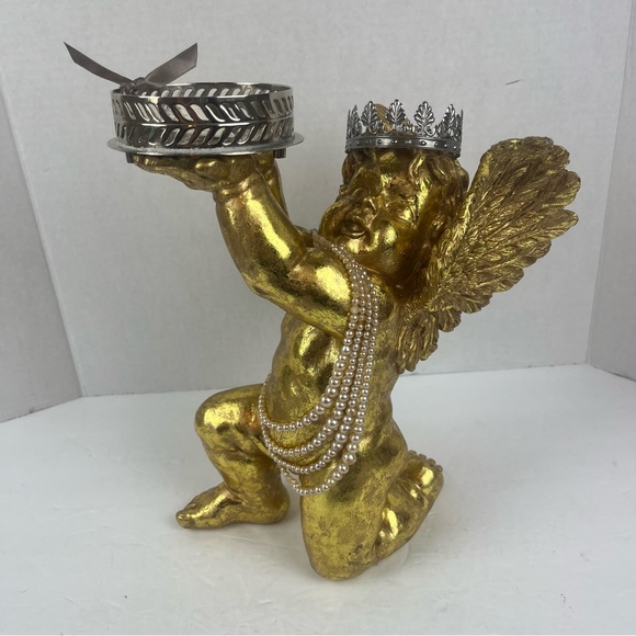 Shabby Chic Vignette decor-golden Cherub Angel w/ silver tray & vintage pearls. - Picture 2 of 16